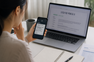 허위 채용 공고를 확인하고 스마트폰으로 구직 사기를 신고하는 구직자