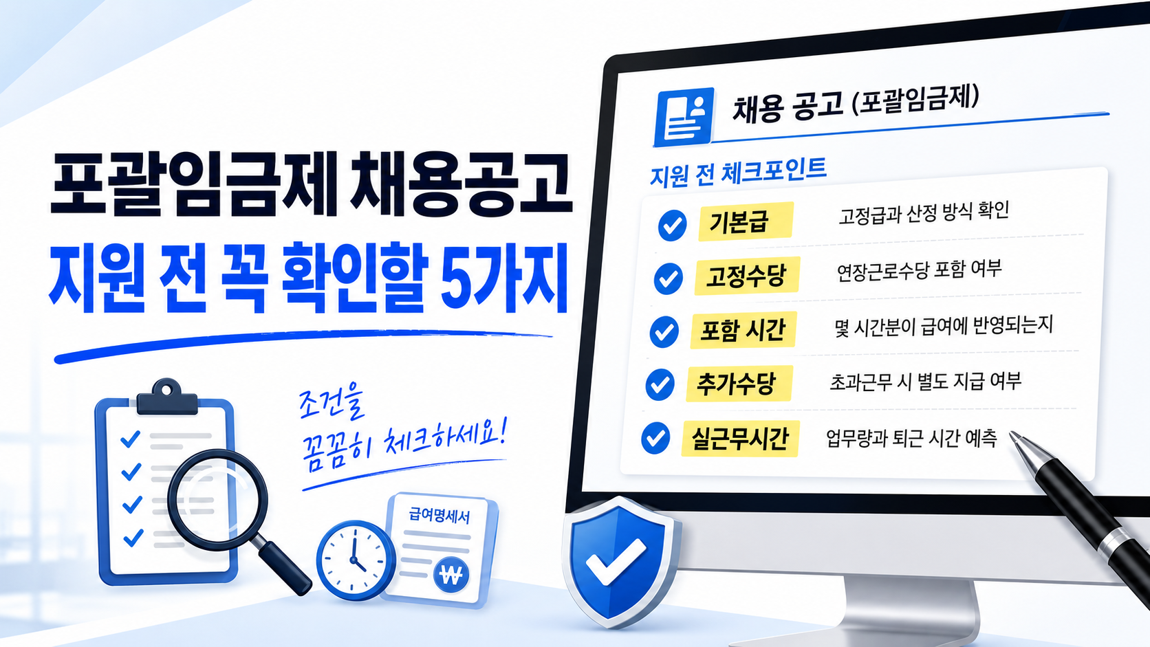 포괄임금제 채용공고에서 기본급, 고정수당, 포함 근로시간, 초과근무 수당 등 지원 전 확인할 조건을 보여주는 이미지